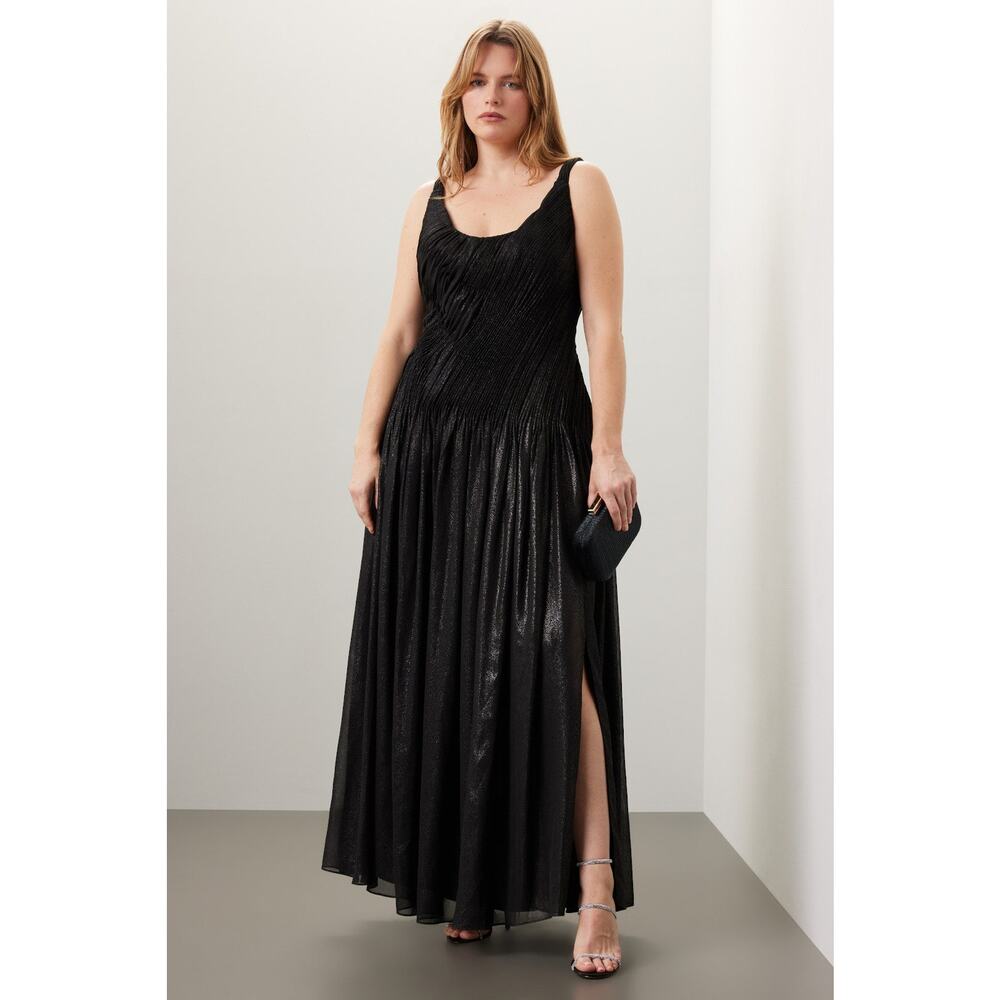 Rene Ruiz Collection Black Hand-Draped Pleated Evening Gown Size 12 Spaghetti